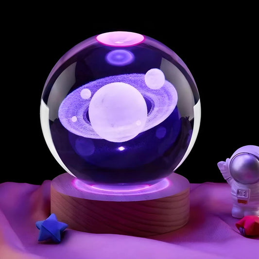 Luminária Cristal De Mesa Bola de Cristal Planeta Terra, Lua, Galáxia e Sistema Solar LED Base De Madeira Decoração