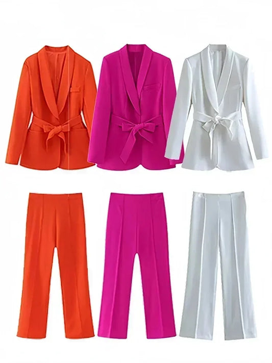 Women's Casual Long Sleeve V-Neck Belt Accessories Suit Fashion Elegant Commuter Suit Set High Waisted Wide Leg Pants Set